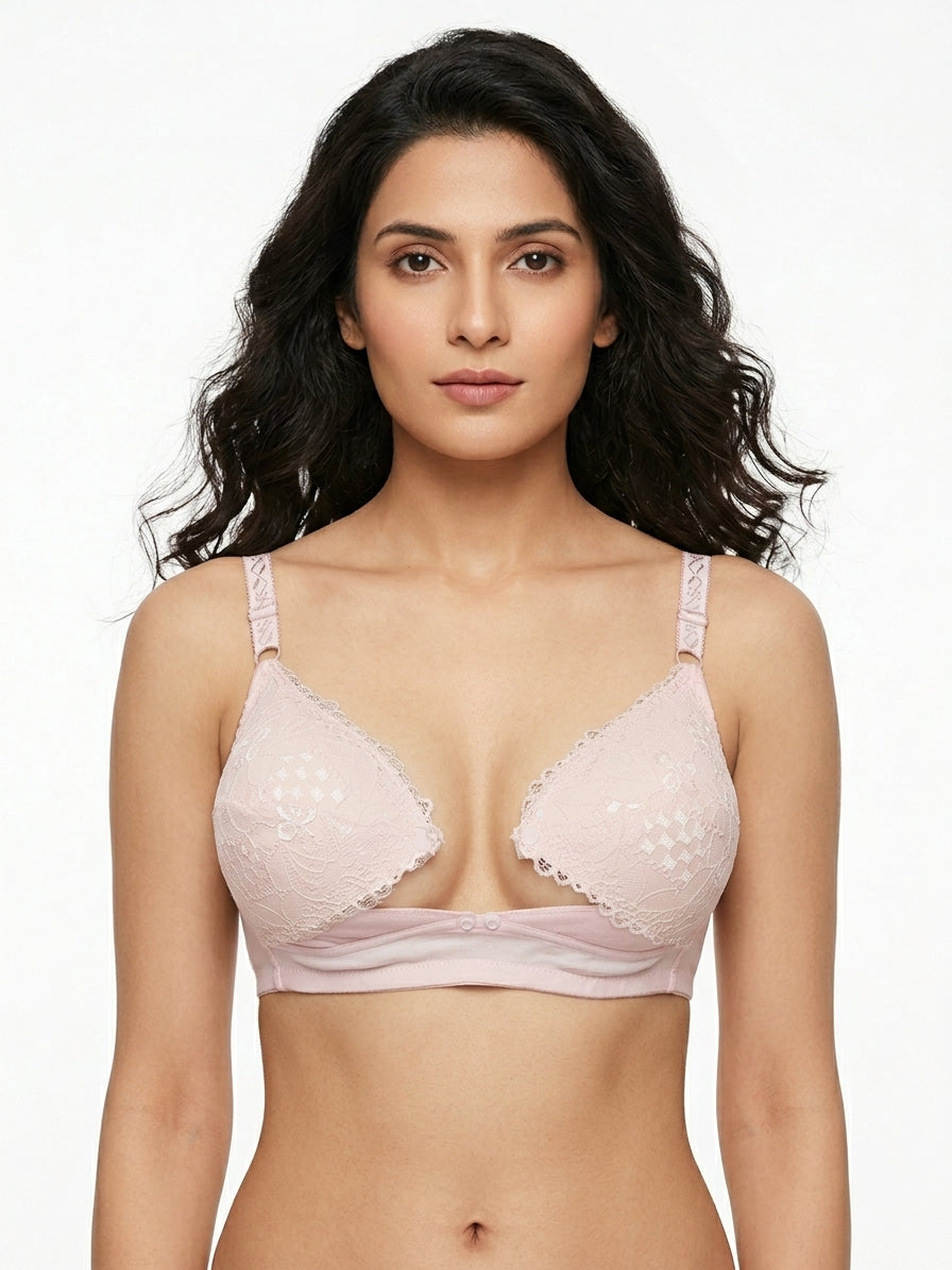 Foam Front One Button Open Bridles Bra With Net Carving