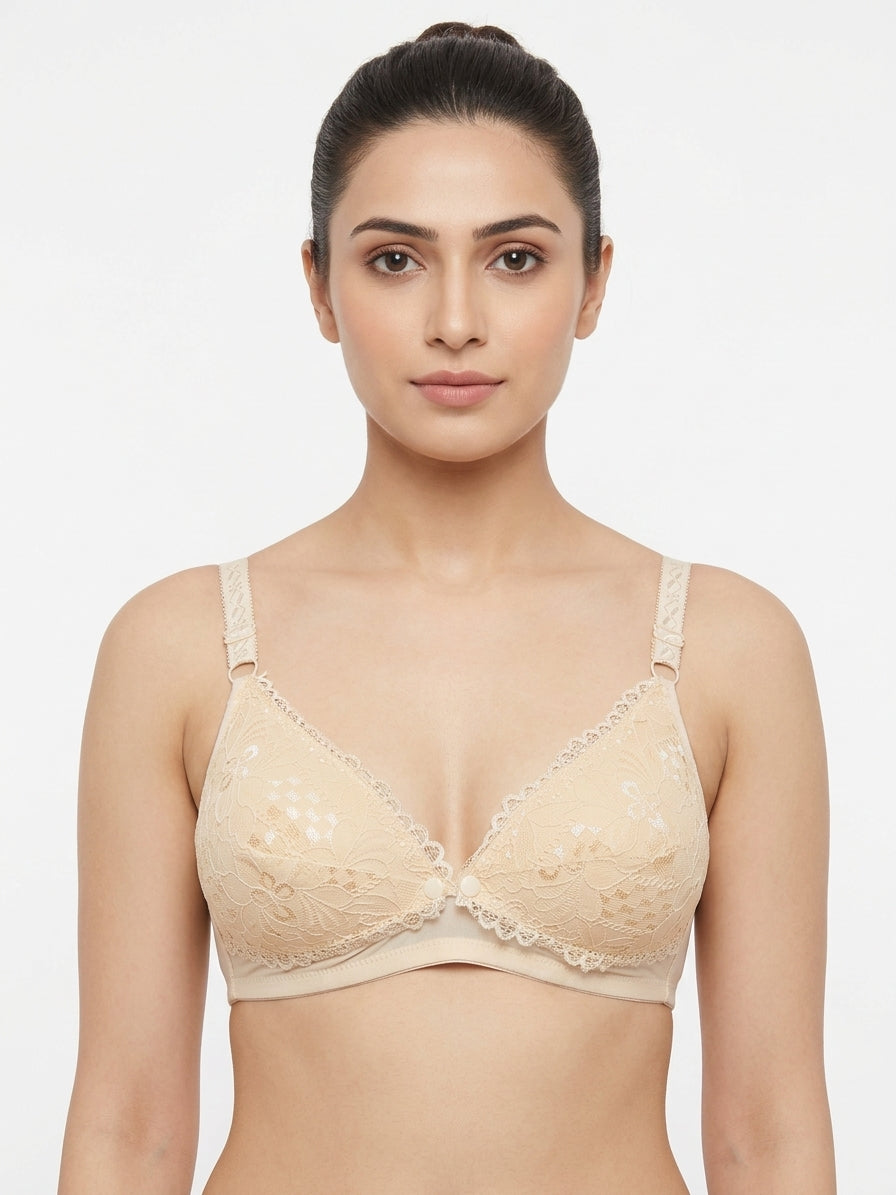 Foam Front One Button Open Bridles Bra With Net Carving